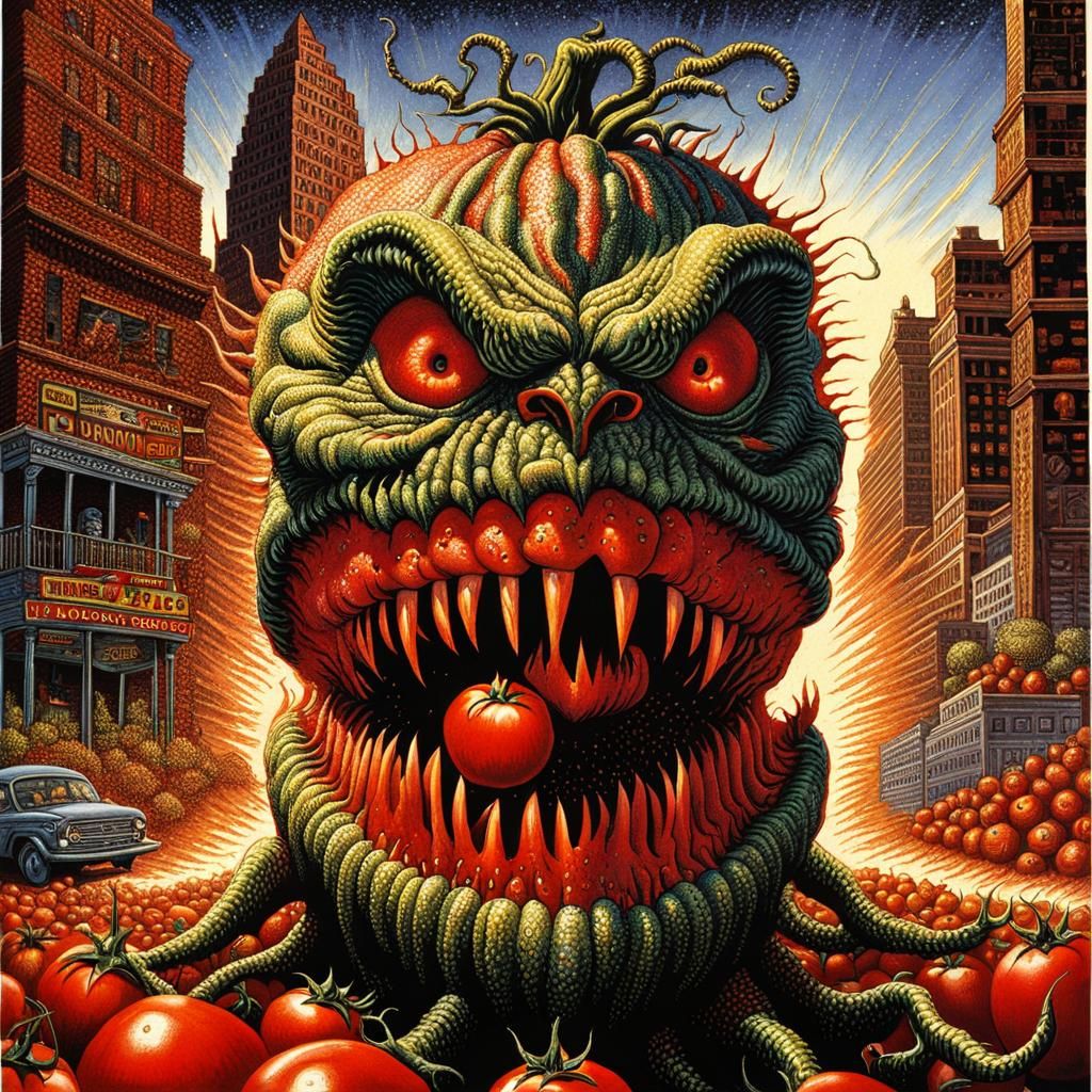 Grotesque Monster TOMATO TERRORIZING desolate city, pointillism ...