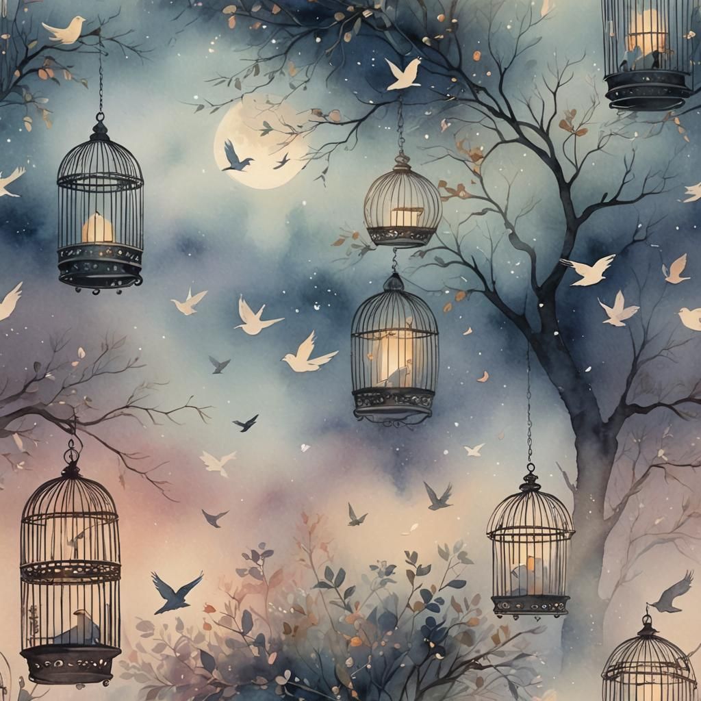 Ethereal Watercolor Birds Escape in Moonlight