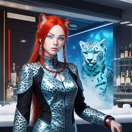 photo realistic female human neko snow leopard red hair blue eyes club ...