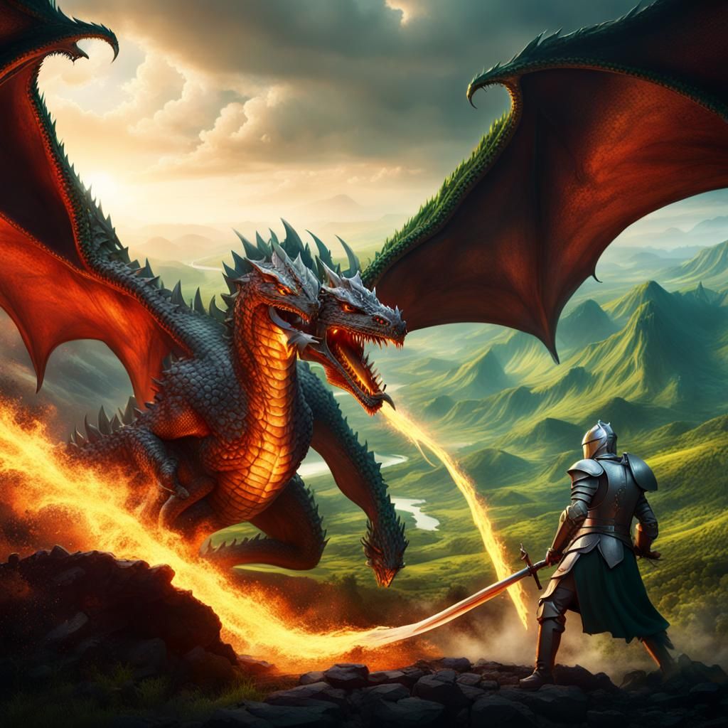 Knight fighting a dragon breathing fire - AI Generated Artwork ...