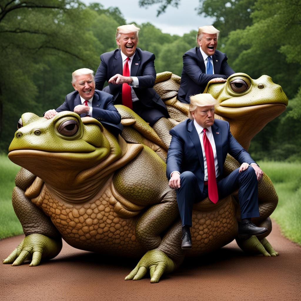 Joe Biden, Donald Trump and Barack Obama riding 3 giant toad...