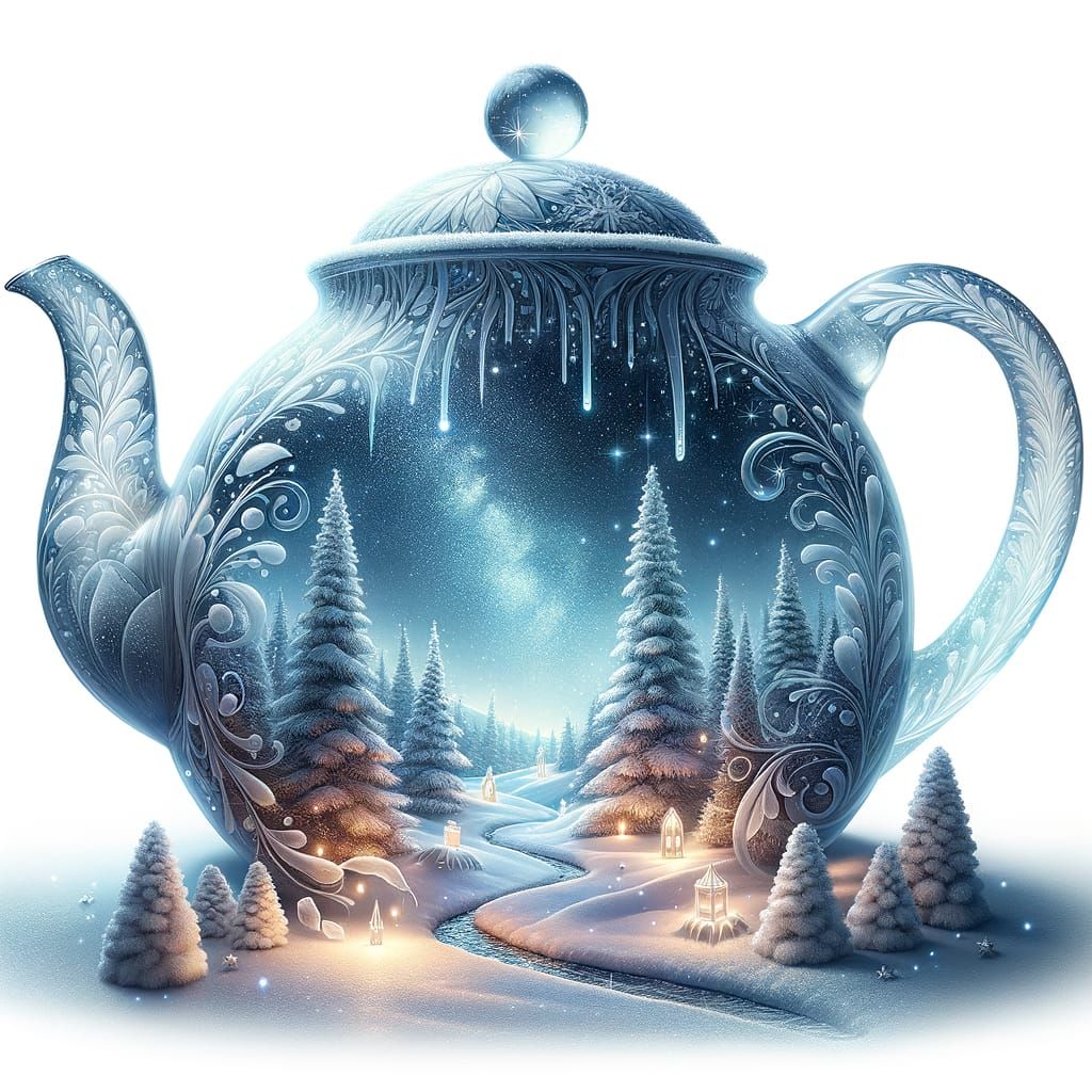 Intricately Carved Glass Teapot with Winter Wonderland