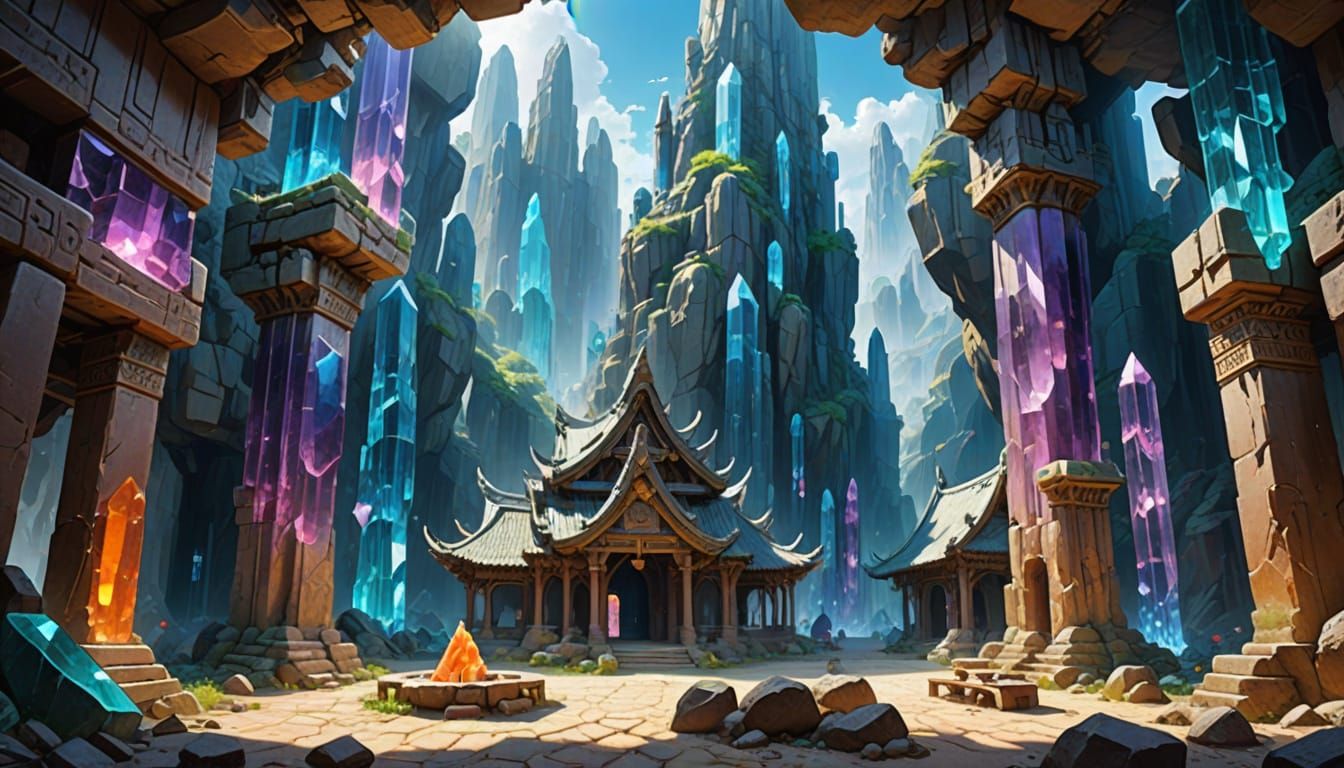 Ancient Village Square Amidst Crystal Columns