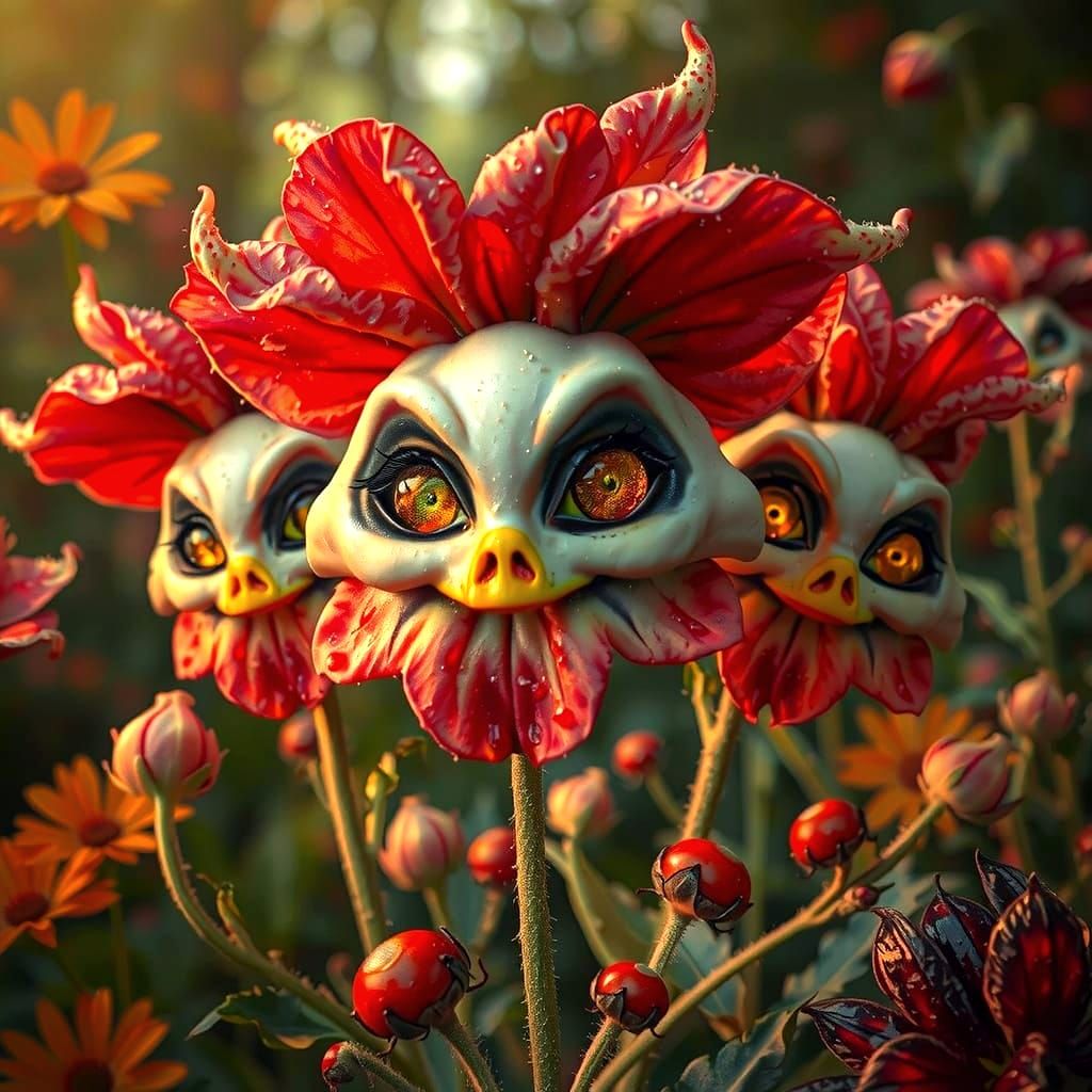 creepy Smiling flowers Maximalist dark fantasy elements Grimm's disturbing imagery pop-surrealism style ...  by @Peregrine Falconer