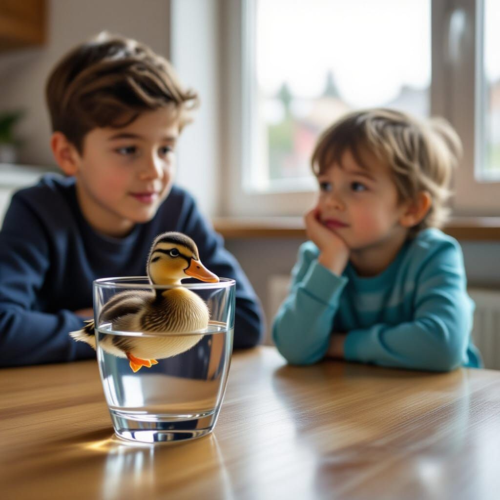 Duck in Water Glass Amazes Boy on Table