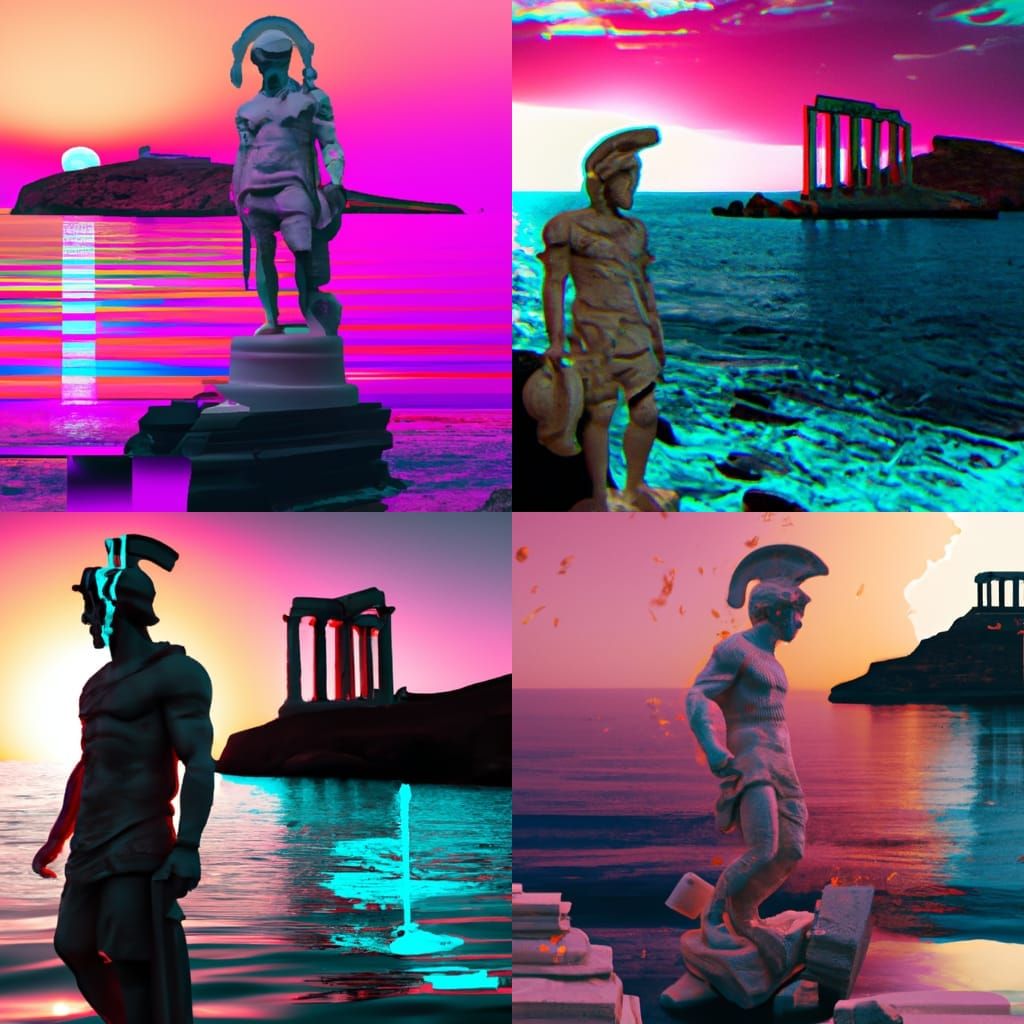 Marble statue of greek soldier in front of Sounion Posideon temple