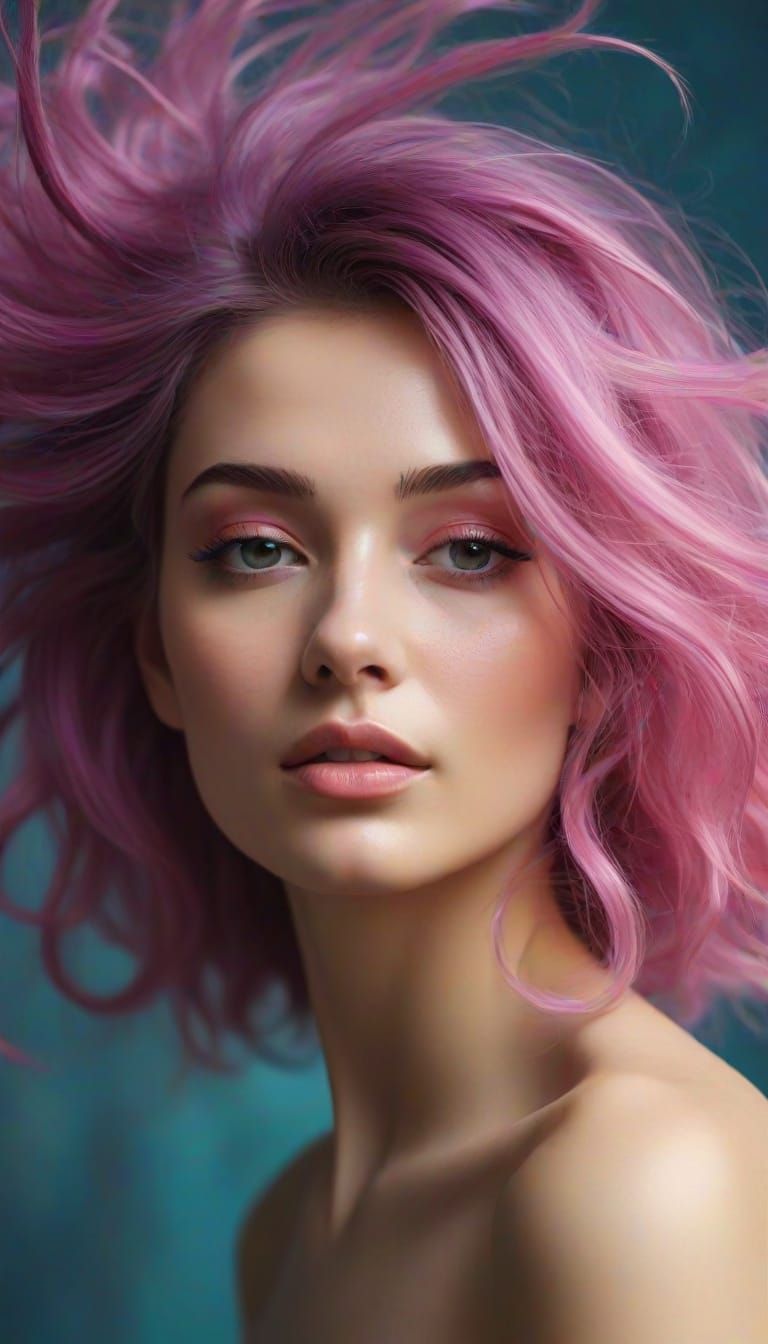 A surreal, vibrant portrait of a woman in shades of blue, with flowing hair that blends into abstract swirls of purple and pink, creating a ...