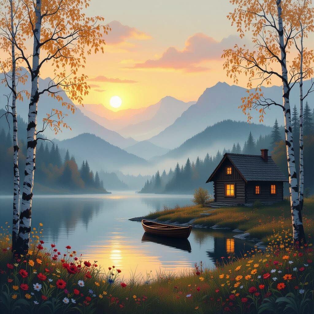 dreamlike paint, allegory style, Casey Baugh influence, misty layered mountains, warm glowing sunset sky, wooden cabin with soft window ligh...