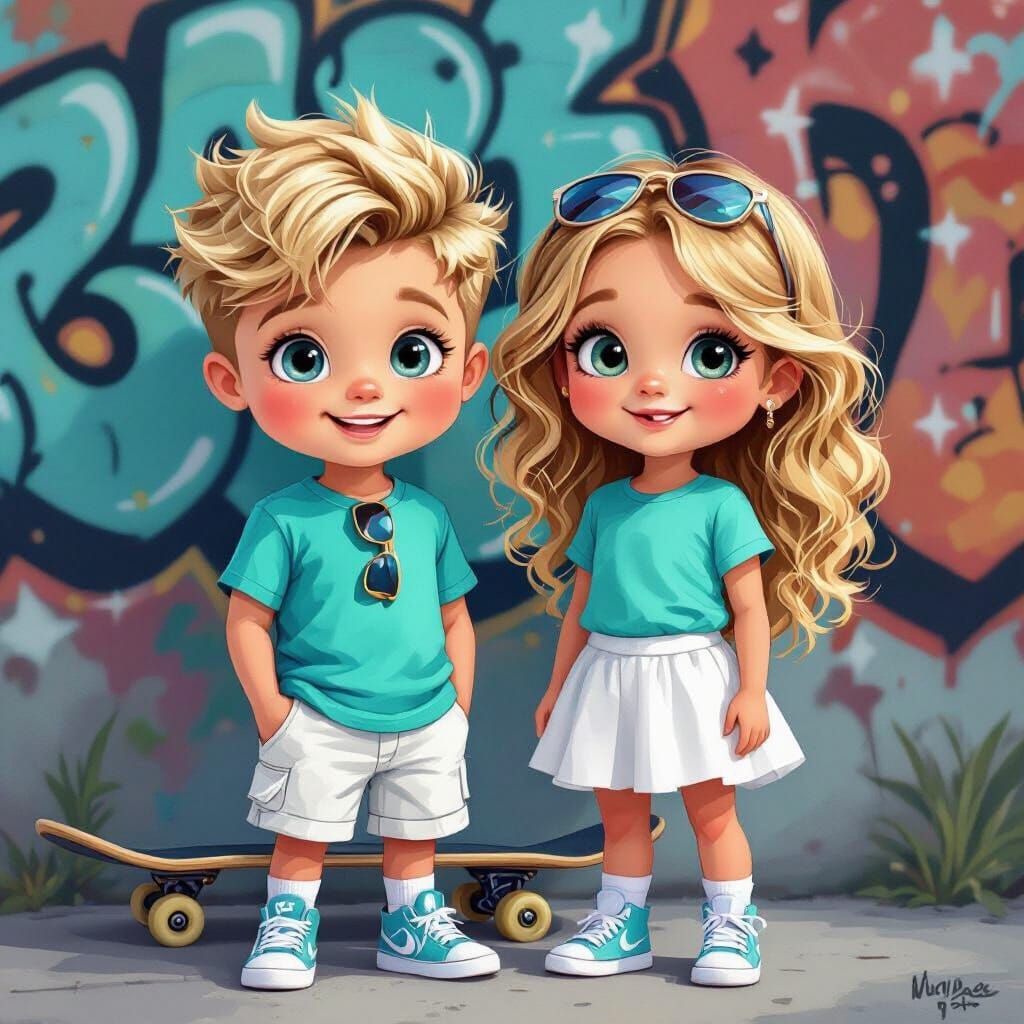 Cute Kids with Sunglasses and Graffiti Wall Digital Art