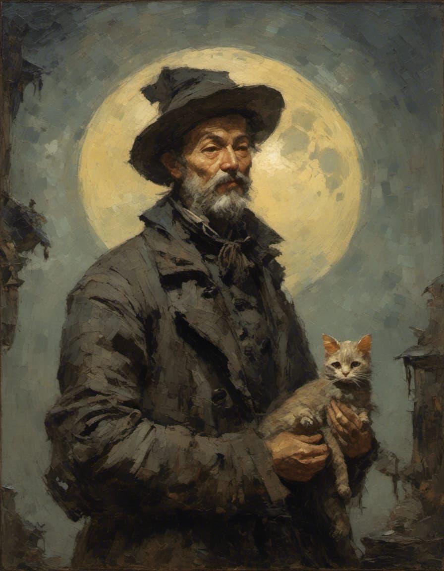  <lora:MoonNight:1.0> moonlight at night portrait of a man holding a cat