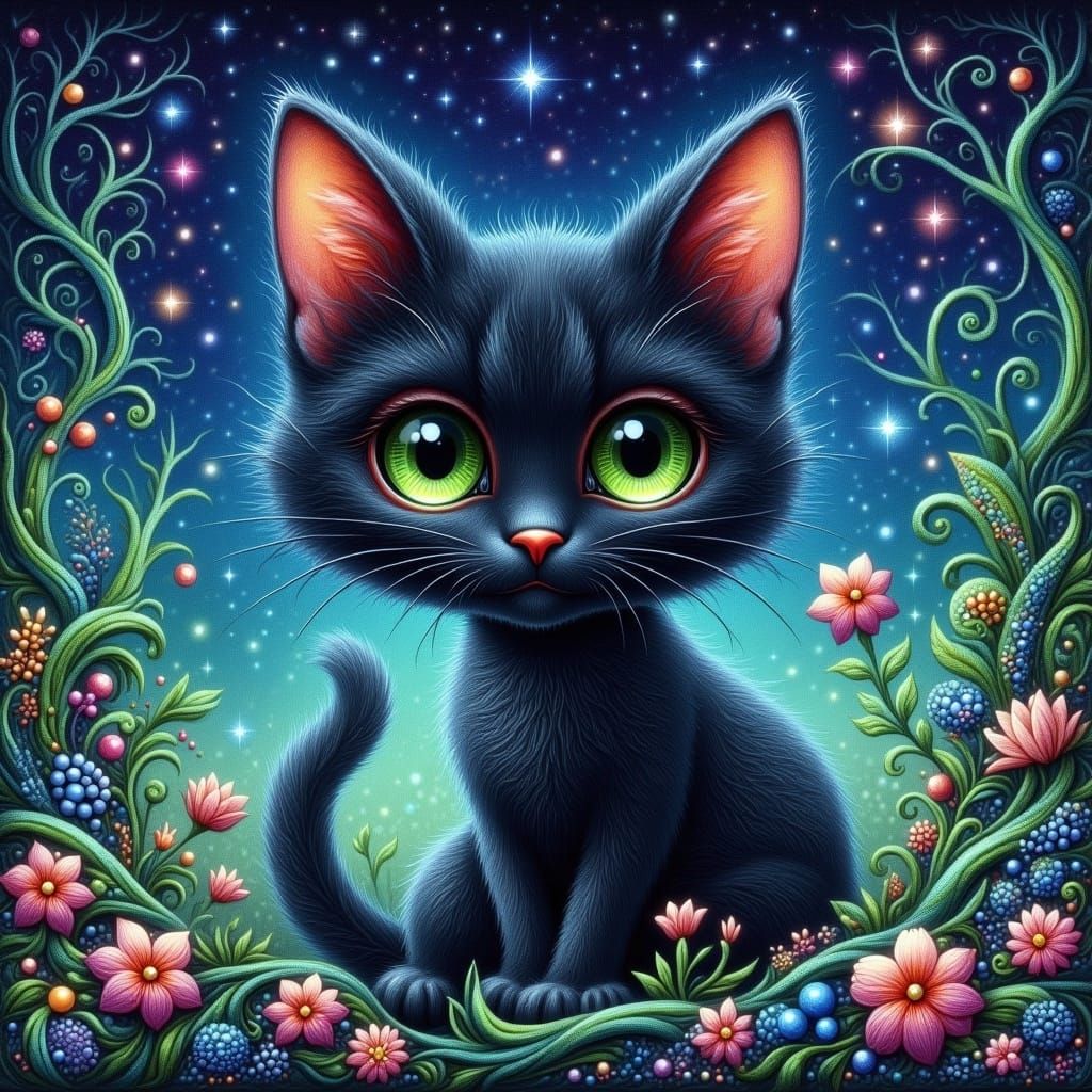 Vibrant Chibi Cat Radiates Magical Whimsy under Starry Skies