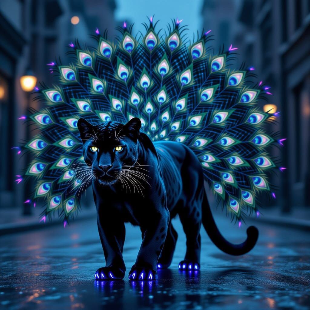 Imagine a jet-black panther whose sleek fur subtly refracts light like an oil slick. Every hair carries ...  by @YahFaye