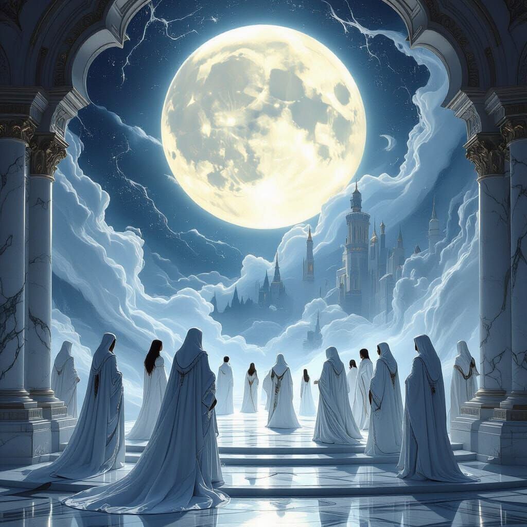 “A royal council under a glowing moon, ethereal light, elegant nobles with silver robes, enchanted palace of marble and mist.”