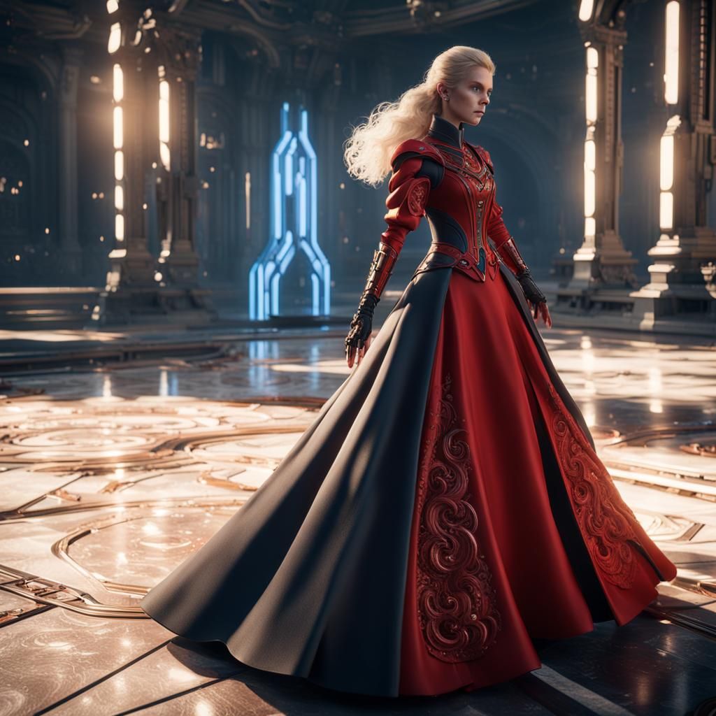 A blonde woman in long red gown and curly long hair.