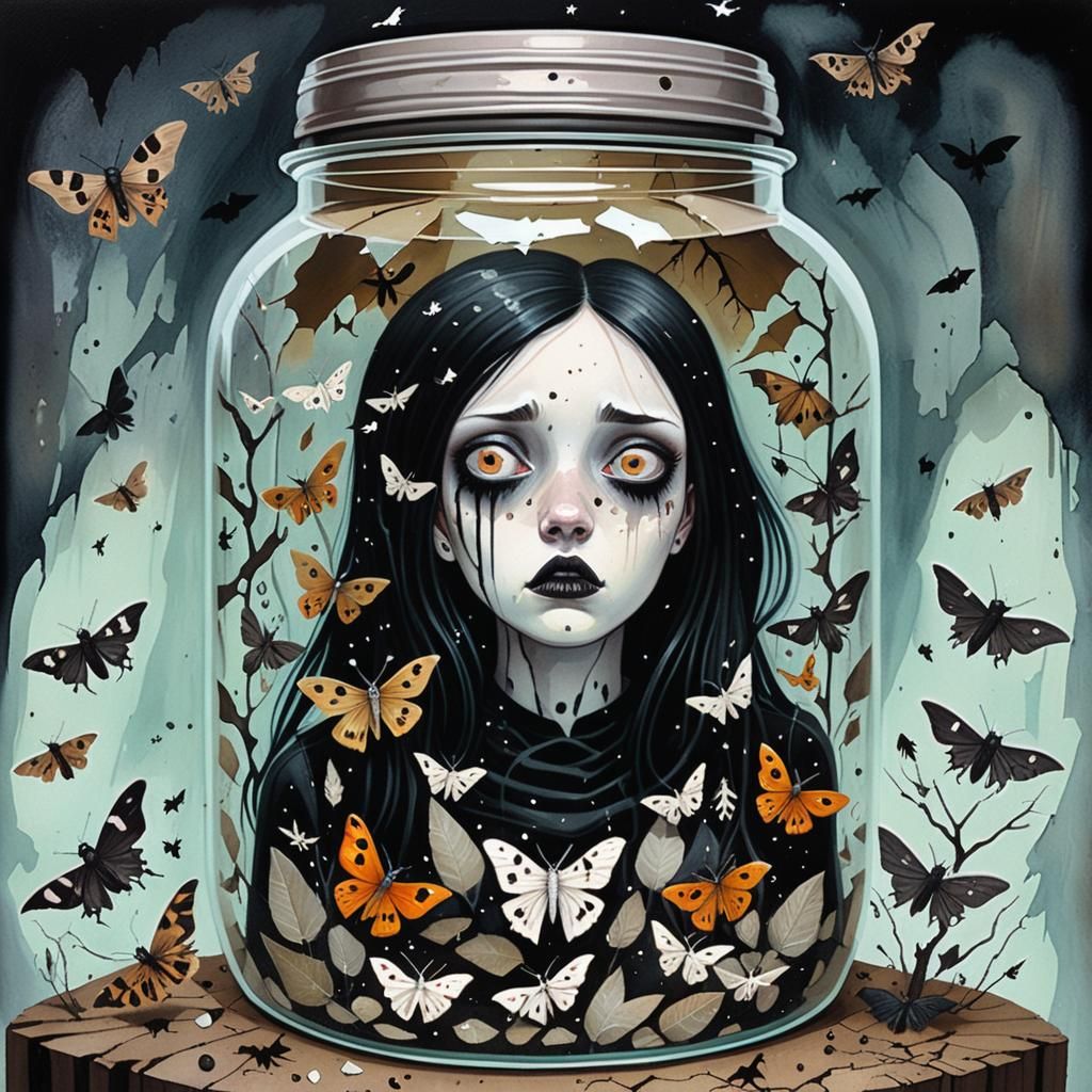 Scared girl inside a cracked old dirty jar sealed with lid surrounded ...