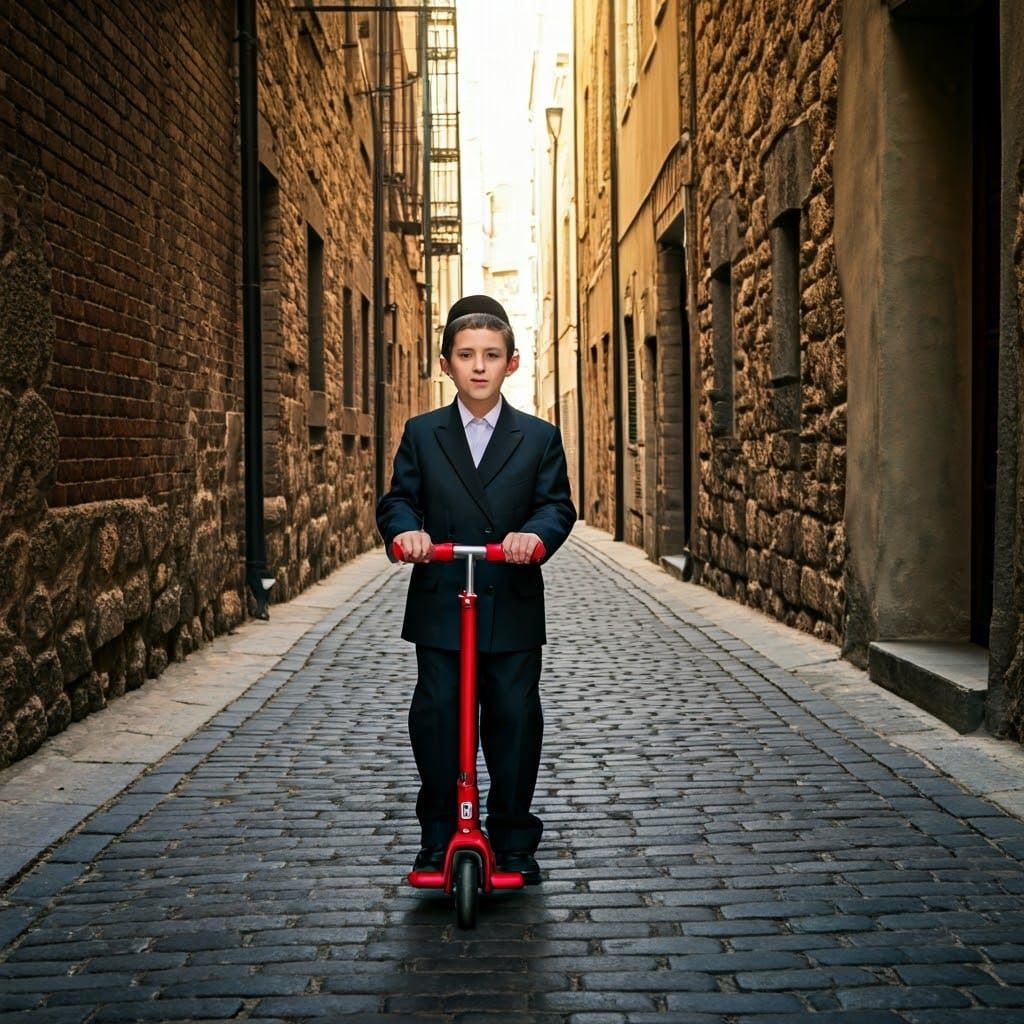 Hasidic Boy Rides Bright Red Scooter Through Historic Neighb...