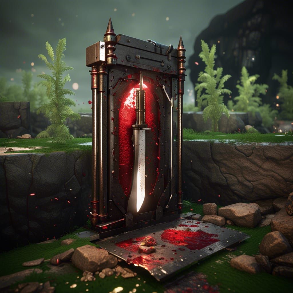 guillotine cutting, head outlaw ,chrome blade,ruby lava splash blood