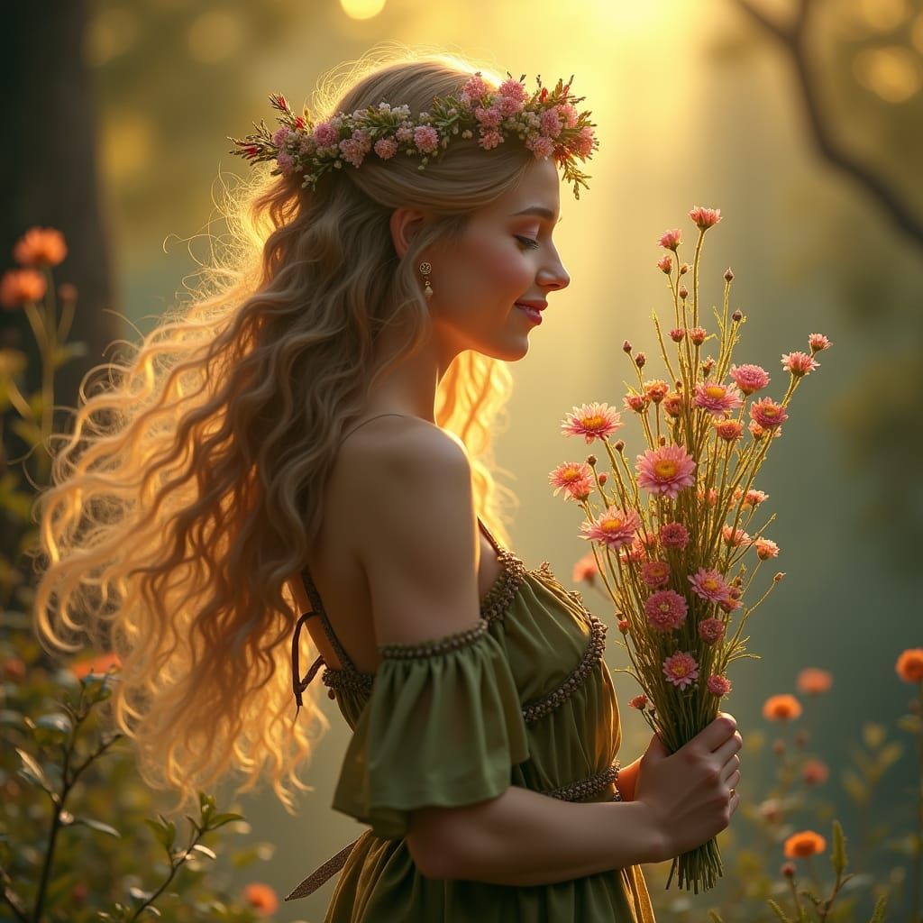 Smiling dryad nature woman holding a bundle of flowers  