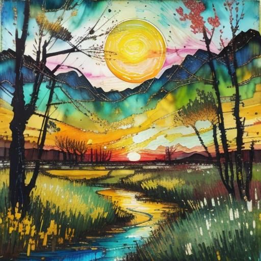 Encaustic spring landscape alcohol ink chaotic sunset spring...