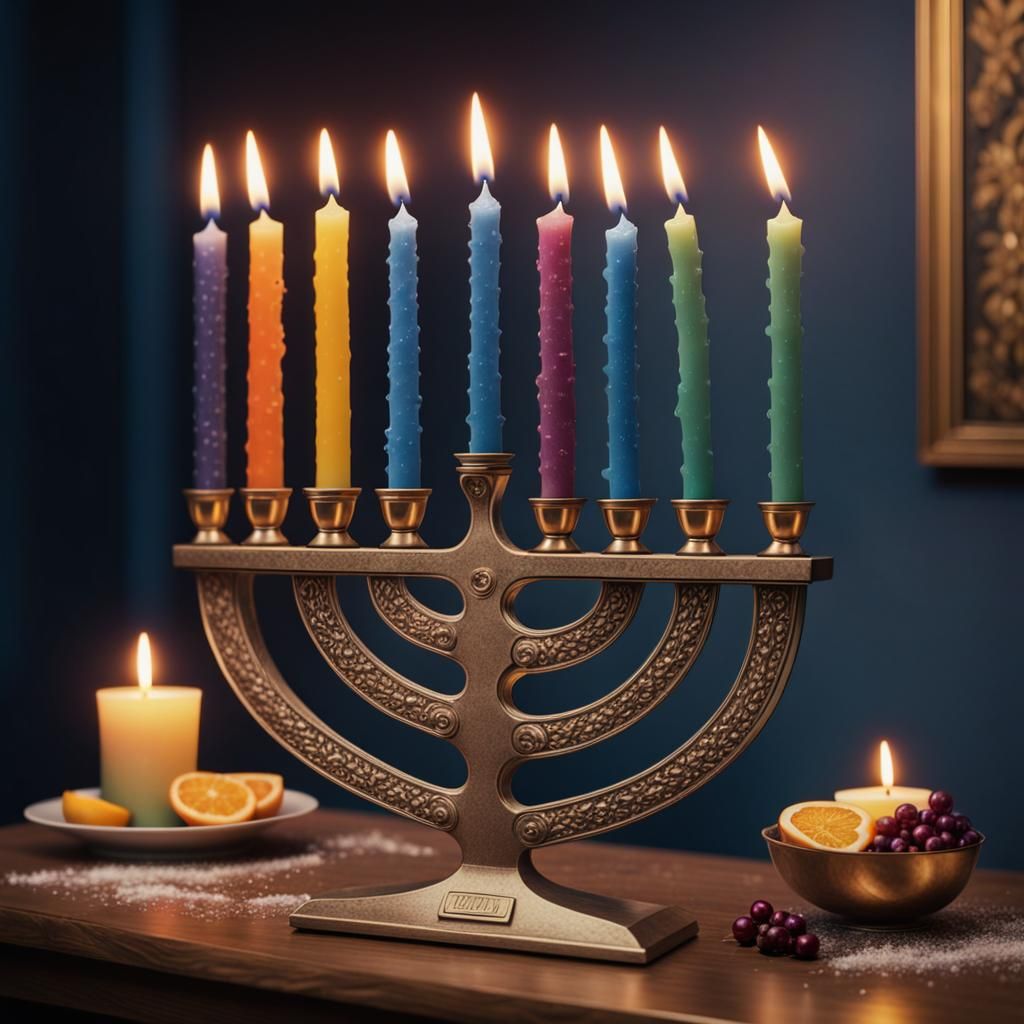 HOliday setting, Hanukkah, 9 Candle Menorah, color graded Harlem renaissance splash art 8k