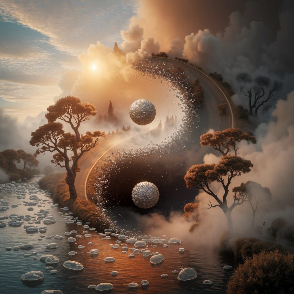 An abstract yin-yang split scene. On the left, a crystal-clear river where every stone is visible and transparent clouds, symbolizing truth....