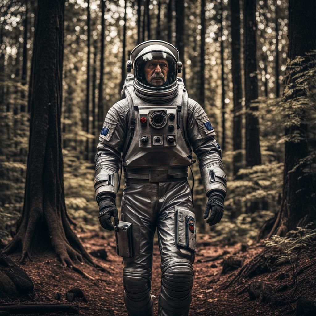 man with astranaut suit no helmet in woods intricate details...