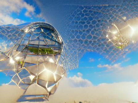 Glass geodesic dome over city volumetric lighting VRay Unrea...