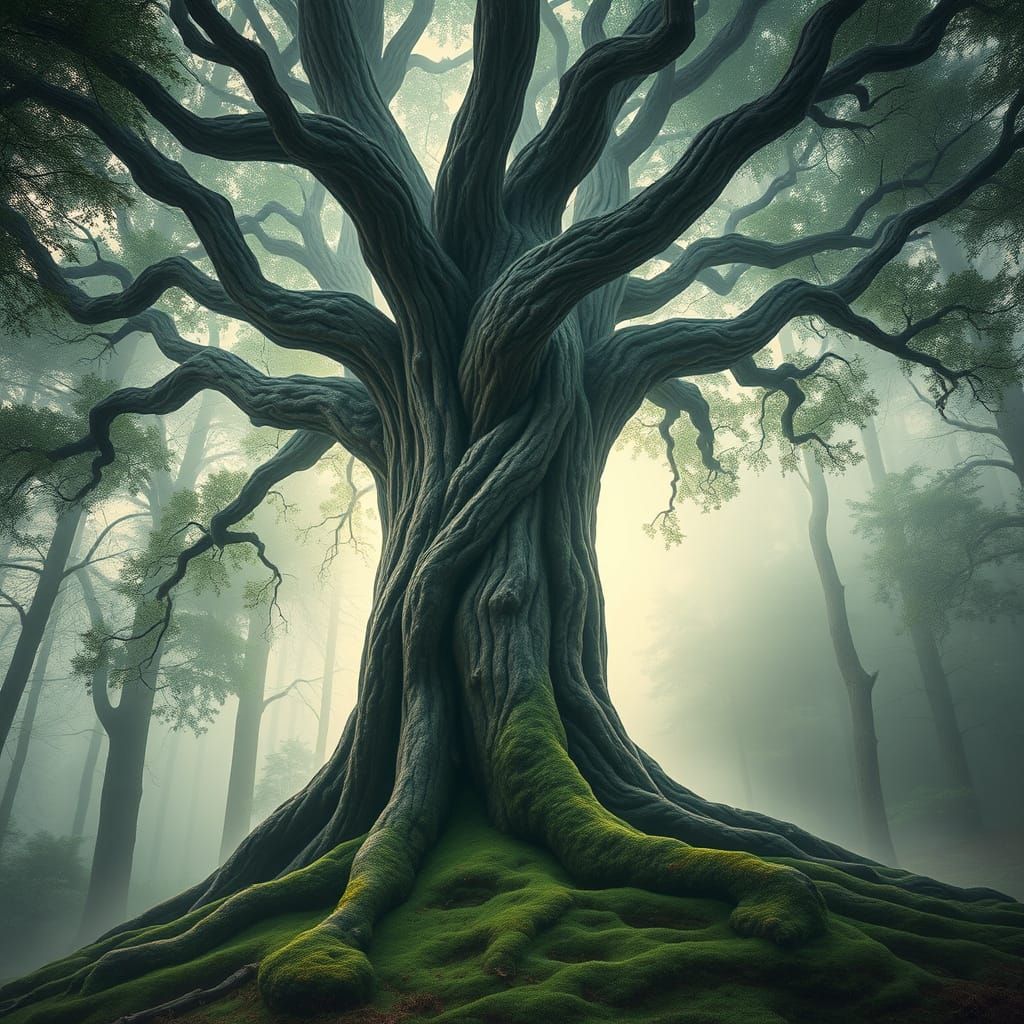 Majestic Tree in Whimsical Forest Landscape