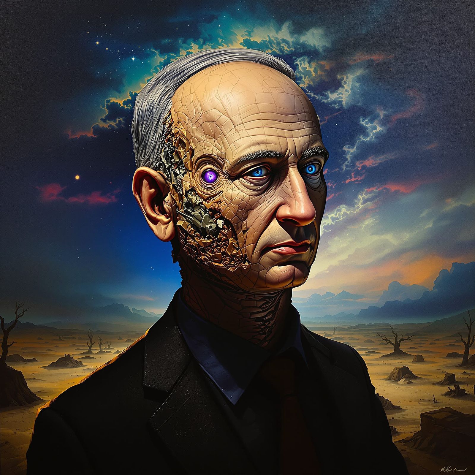 Surreal Man With Bibi Netanyahu Bust Sculpture