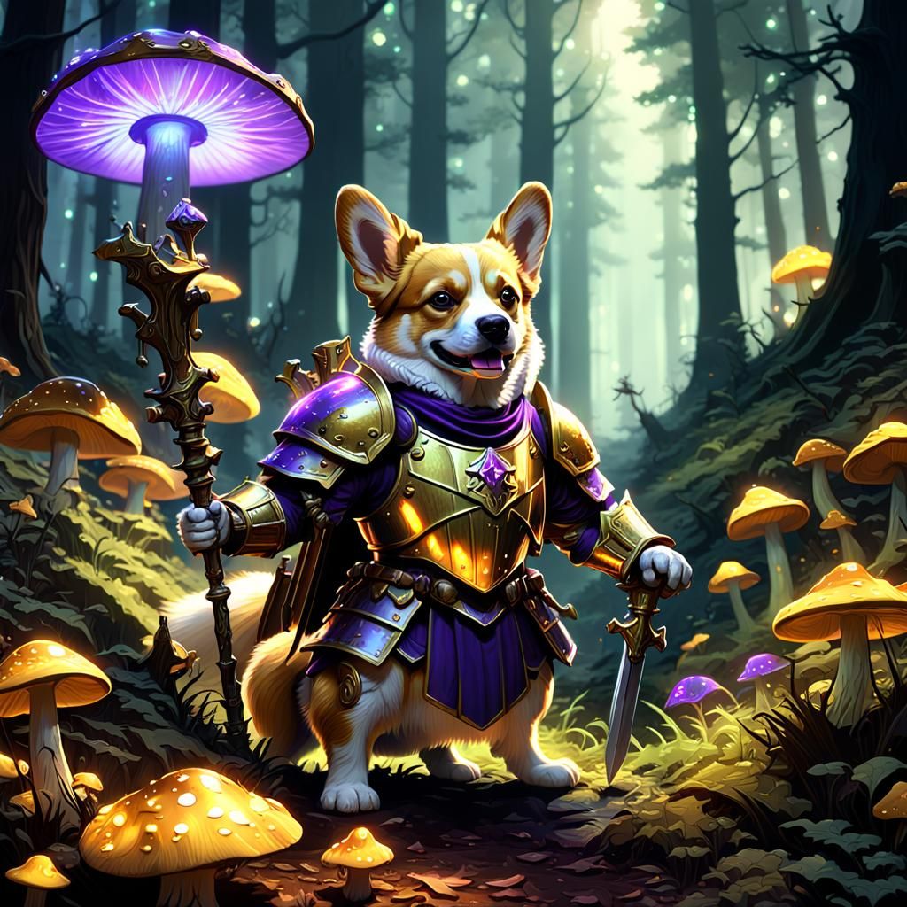 welsh pembroke corgi as a paladin,  golden armor, dark fairy...