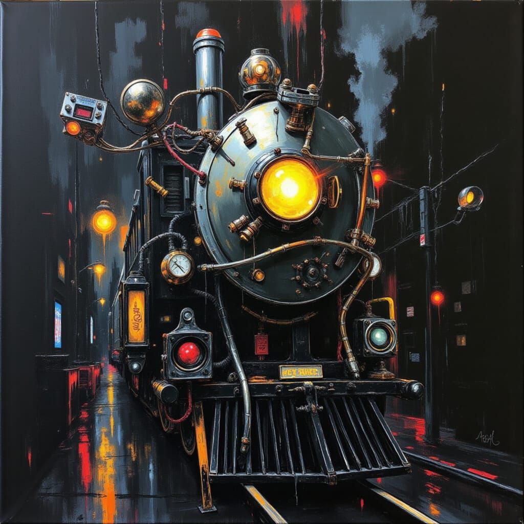 <lora:Black Canvas:1.0> split tone Impasto Steampunk Night Train on Black Canvas