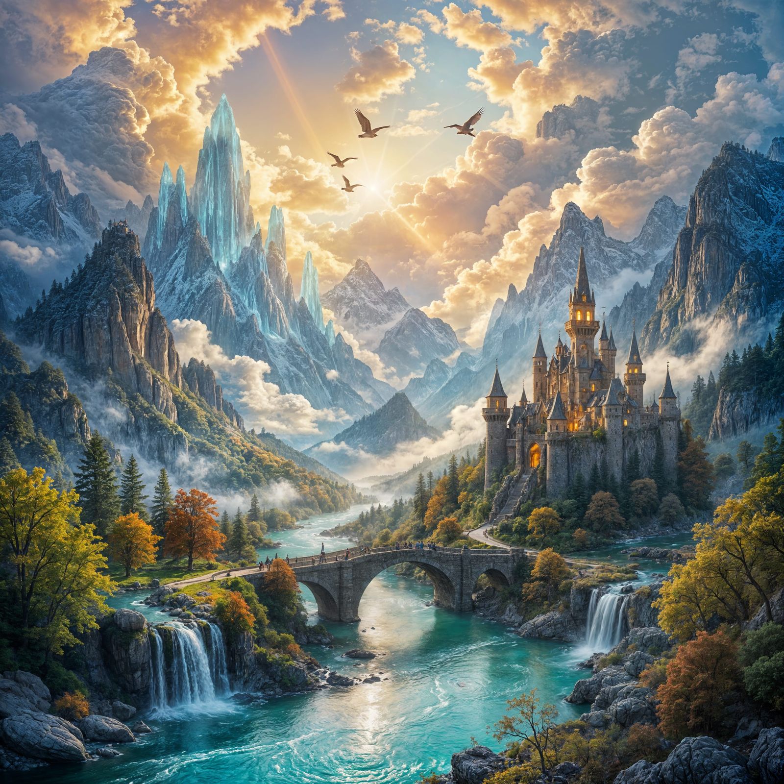 "A grand fantasy valley bathed in golden light, with towering crystalline mountains rising into the clouds. ...  by @Itzla