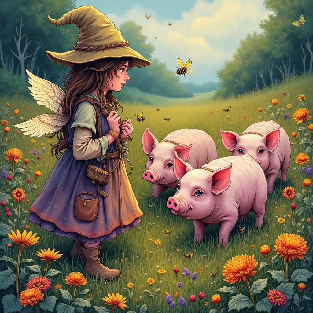  Intricately detailed alcohol ink illustration, a Woman Gnome Shepherd guarding a flock of Winged Pigs in a magical meadow filled with glowi...