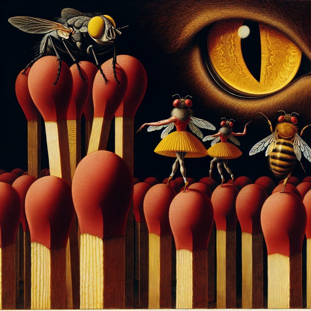A surrealist painting in the style of Albrecht Dürer. A fly ...