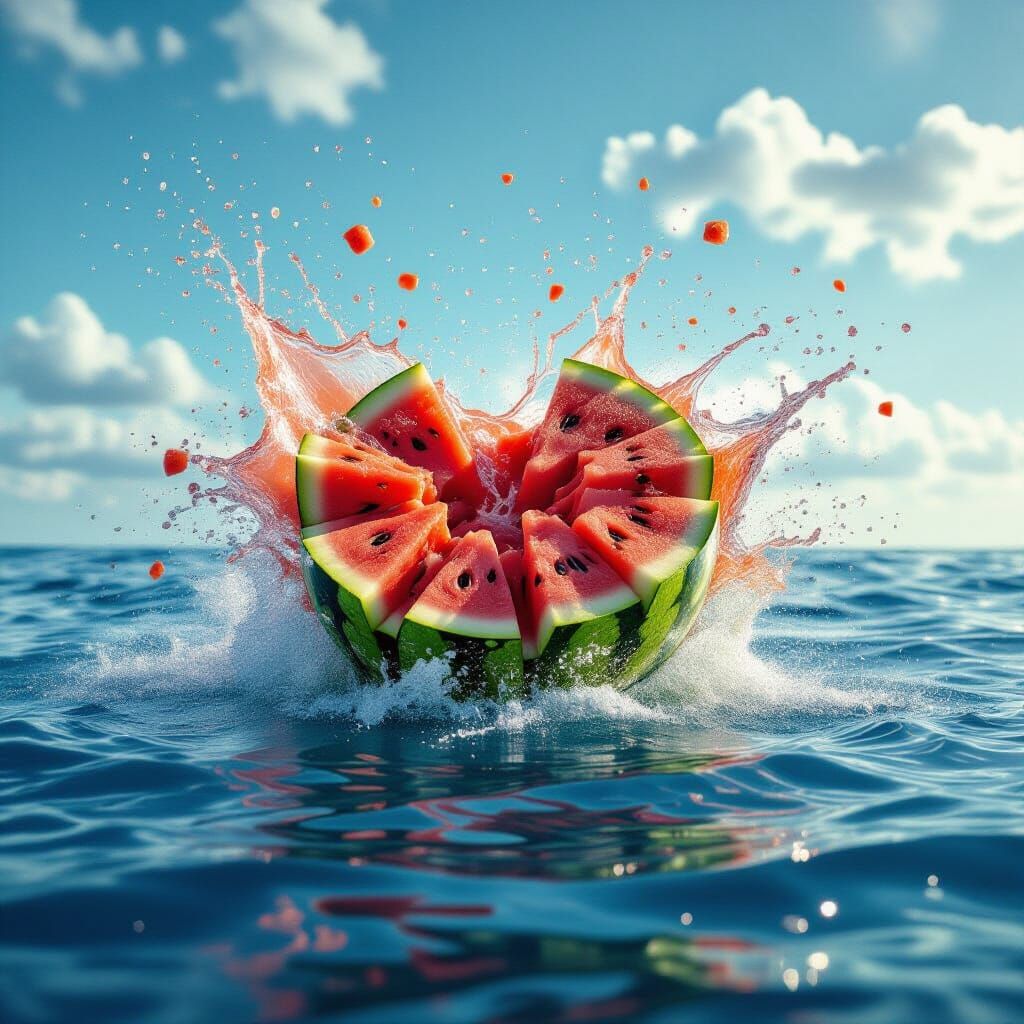 Hyperrealistic Watermelon Explosion Over the Sea