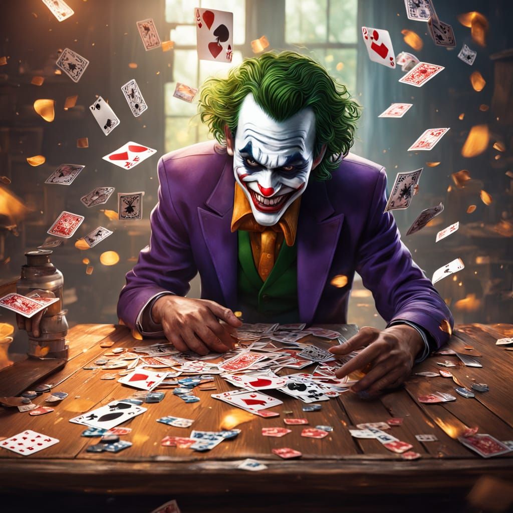 A playing card lies on a wooden table, and from its surface, a lively Joker is emerging — half inside the card, half stepping out into the r...
