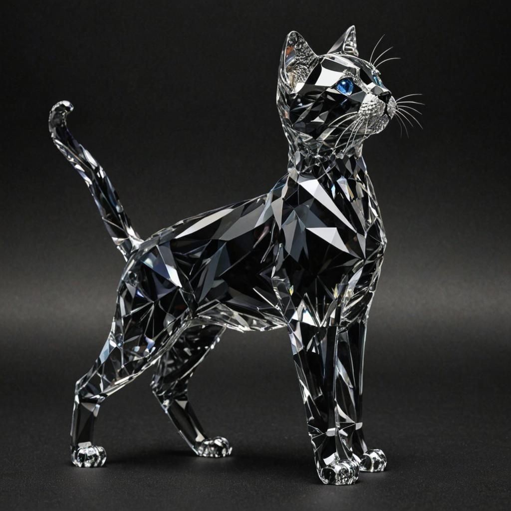 Crystal clear, Swarovski style cat full body.  side view Ult...