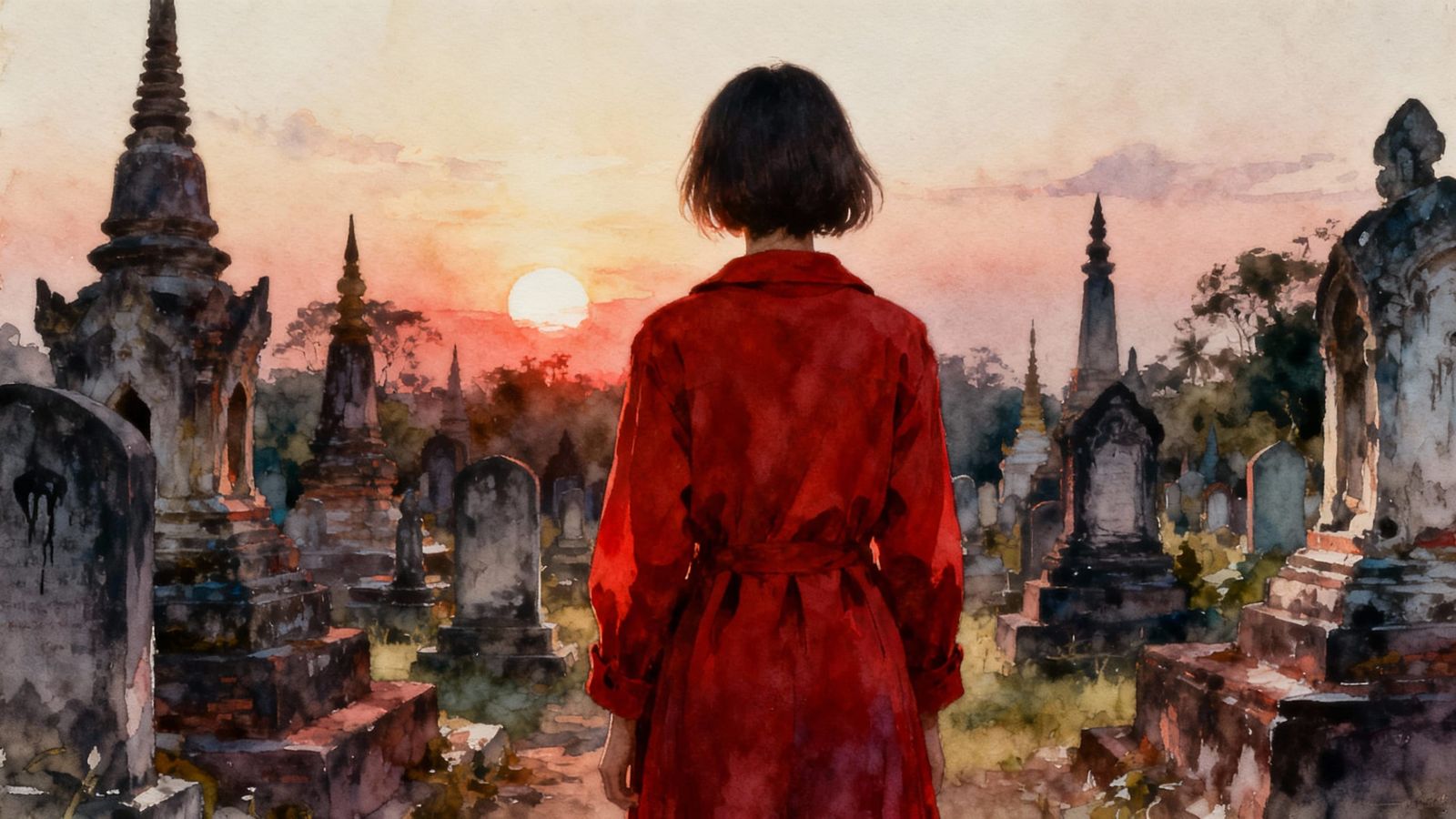 Eerie Dusk Scene: Woman in Red Coat in Thai Cemetery