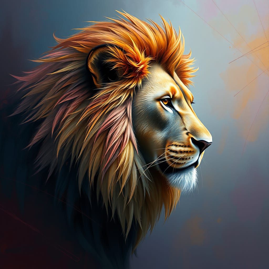 Colorful Lion Head in Impasto Oil Painting Style