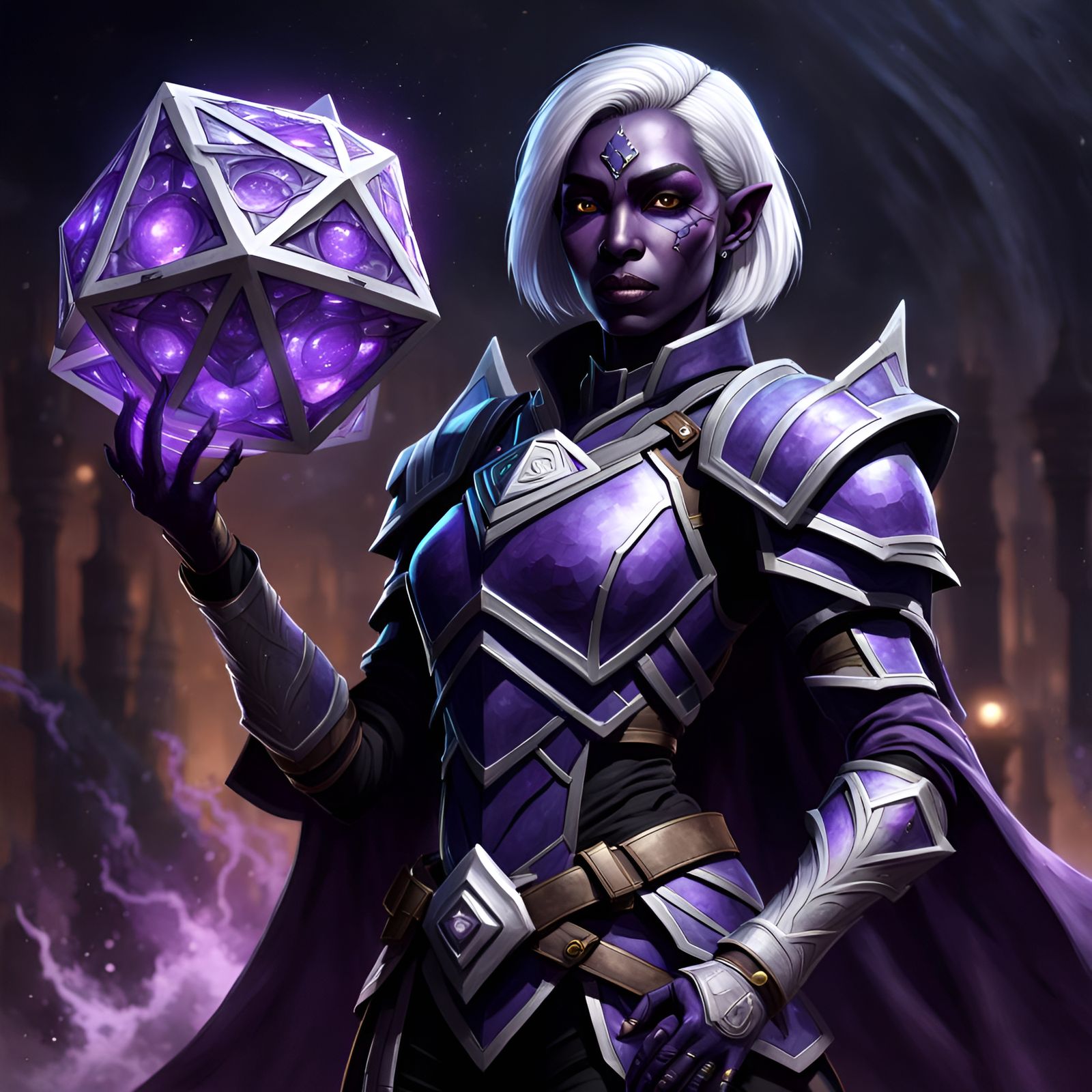 a female drow soldier, onyx skin, short boblike hair, purple armor ...