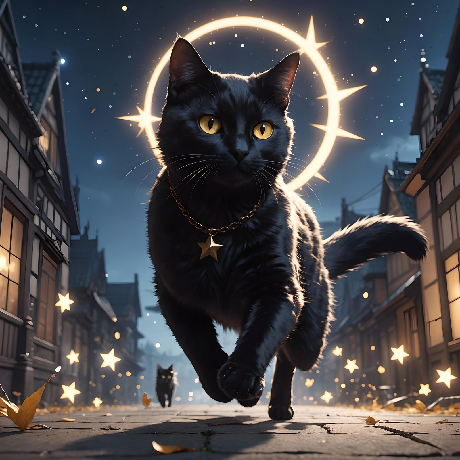 A black cat chasing a fallen star