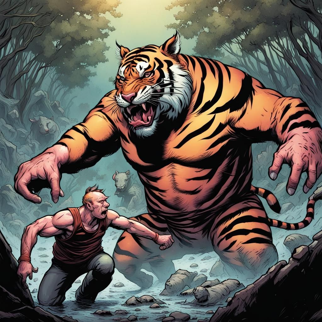 a tiger fighting a huge pig man