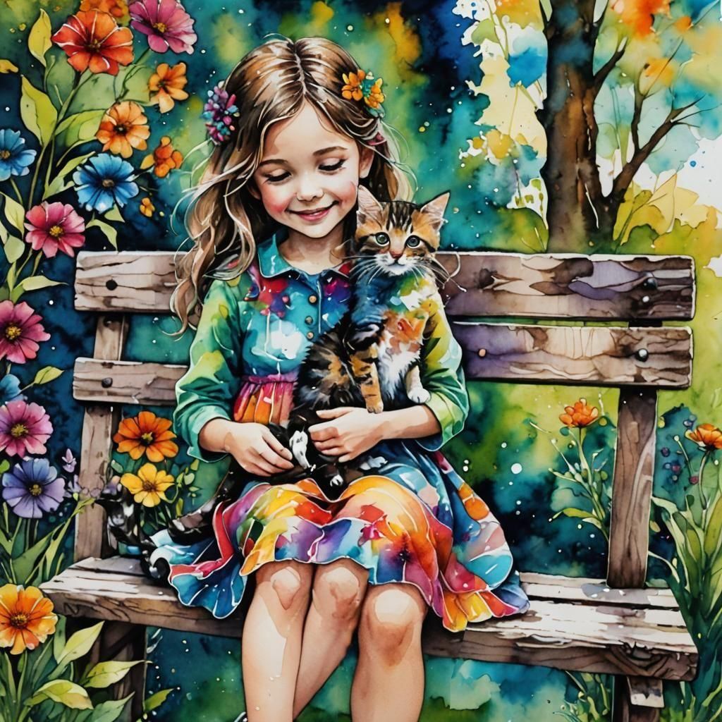 alcohol ink splash, a small beautiful young girl sitting on a garden bench holding a cute  kitten,  both are supremely happy and relaxed,...