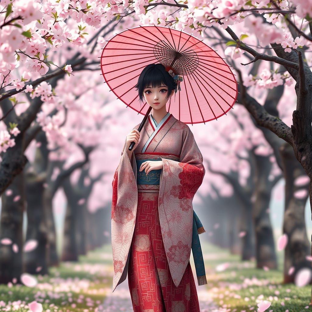 Japanese Girl Walks Through Vibrant Sakura Tree Forest in In...