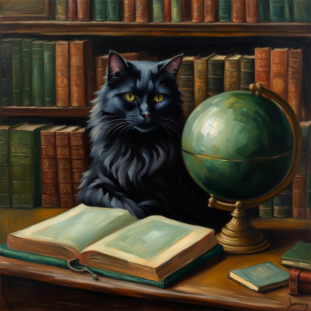 victorian library fluffy black cat green eyes books bookshel...
