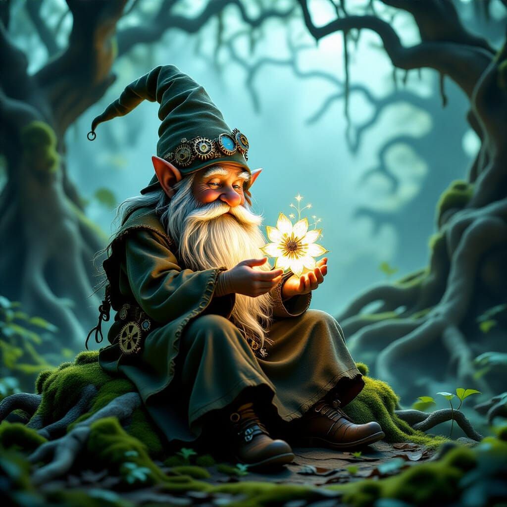 A wise old gnome, with a long, braided beard interwoven with gears and clockwork mechanisms, sits on a moss-covered stone in an ancient, twi...
