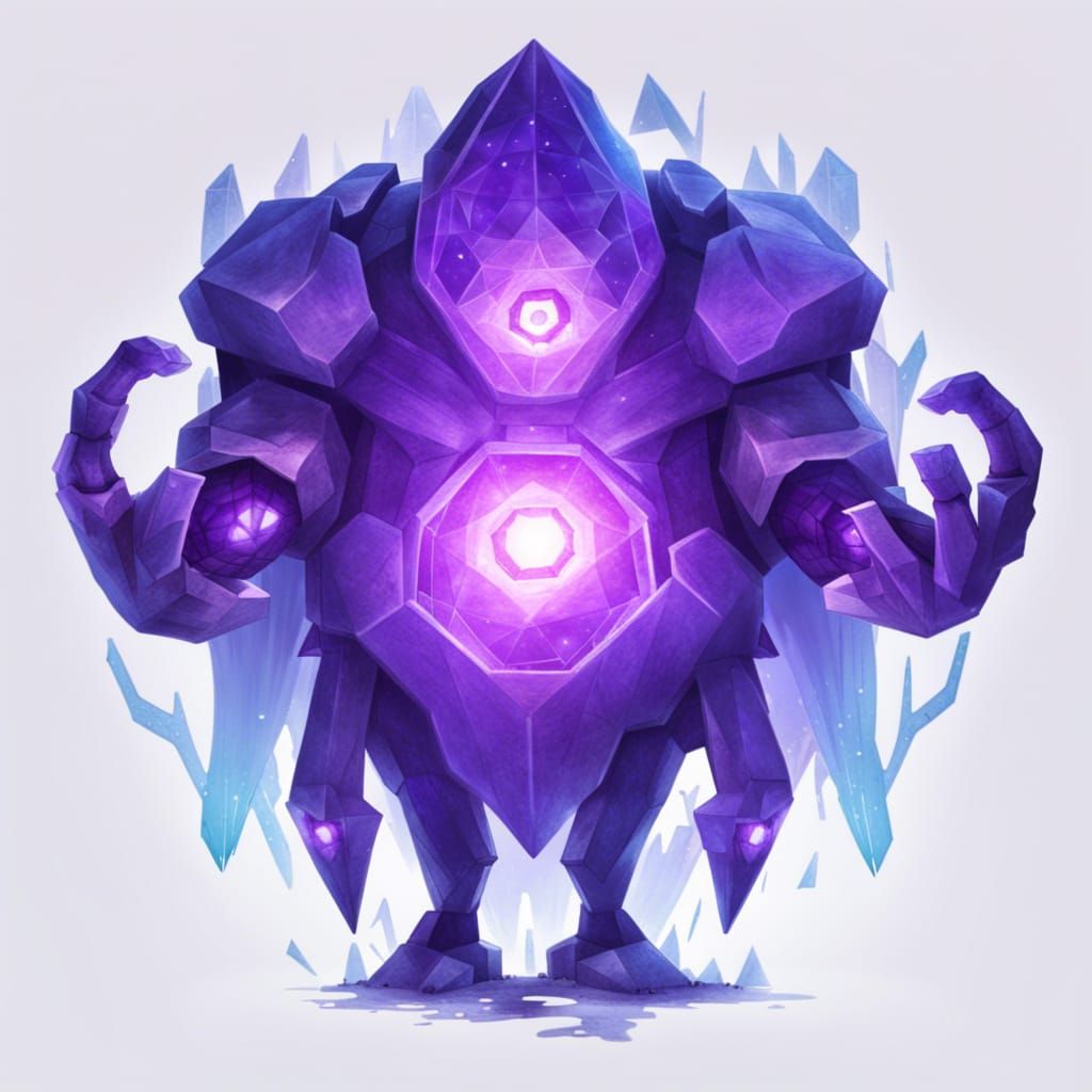 A giant golem made out of purple crystal with an octogram-sh...