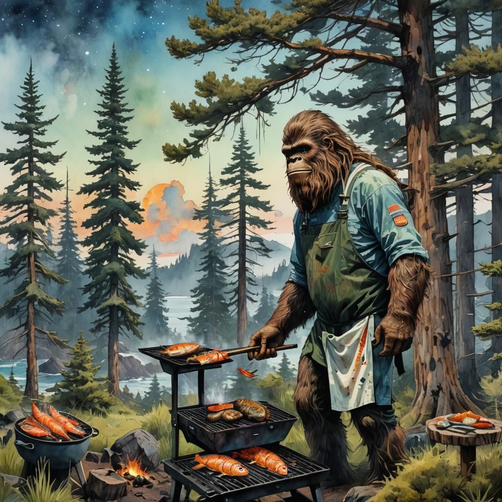 Grilling Sasquatch wearing a chef's apron and Grilling fish ...