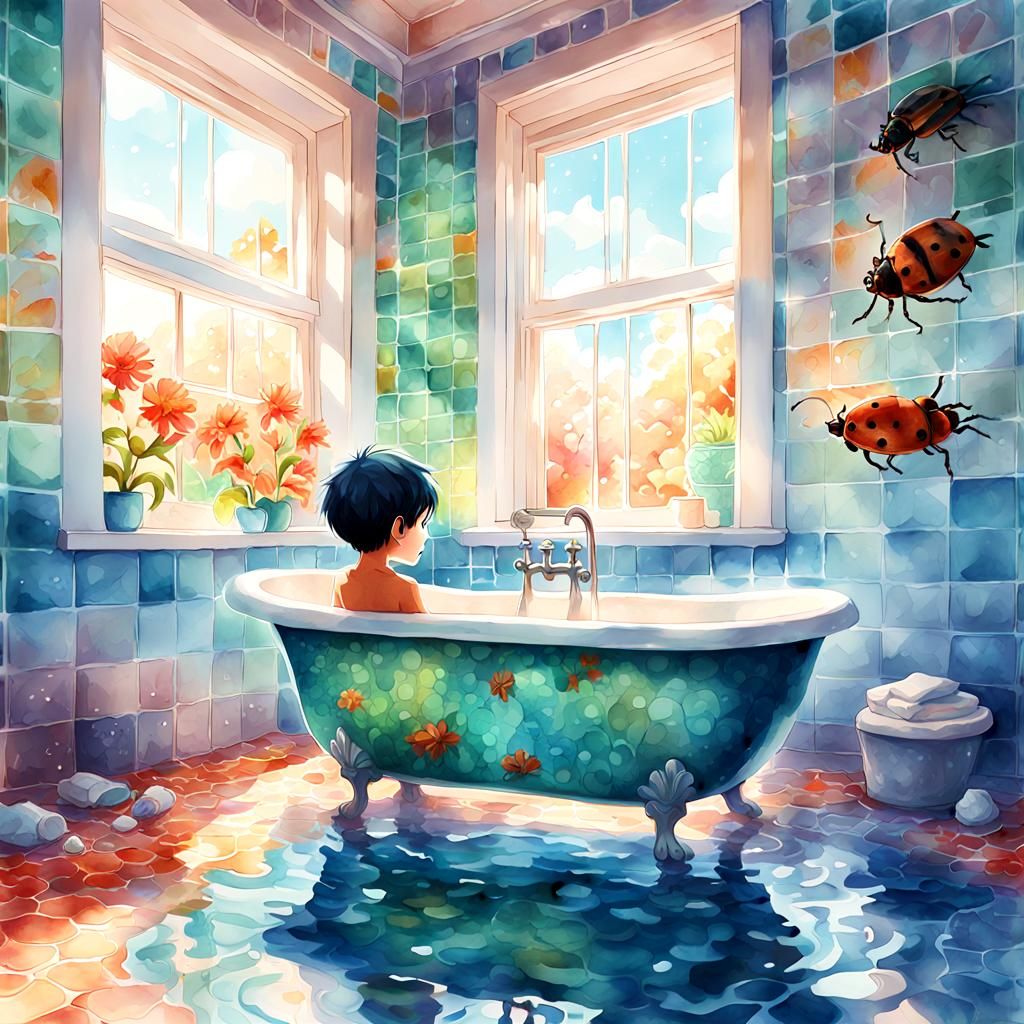 Boy with Beetle in Bath, Digital Watercolor