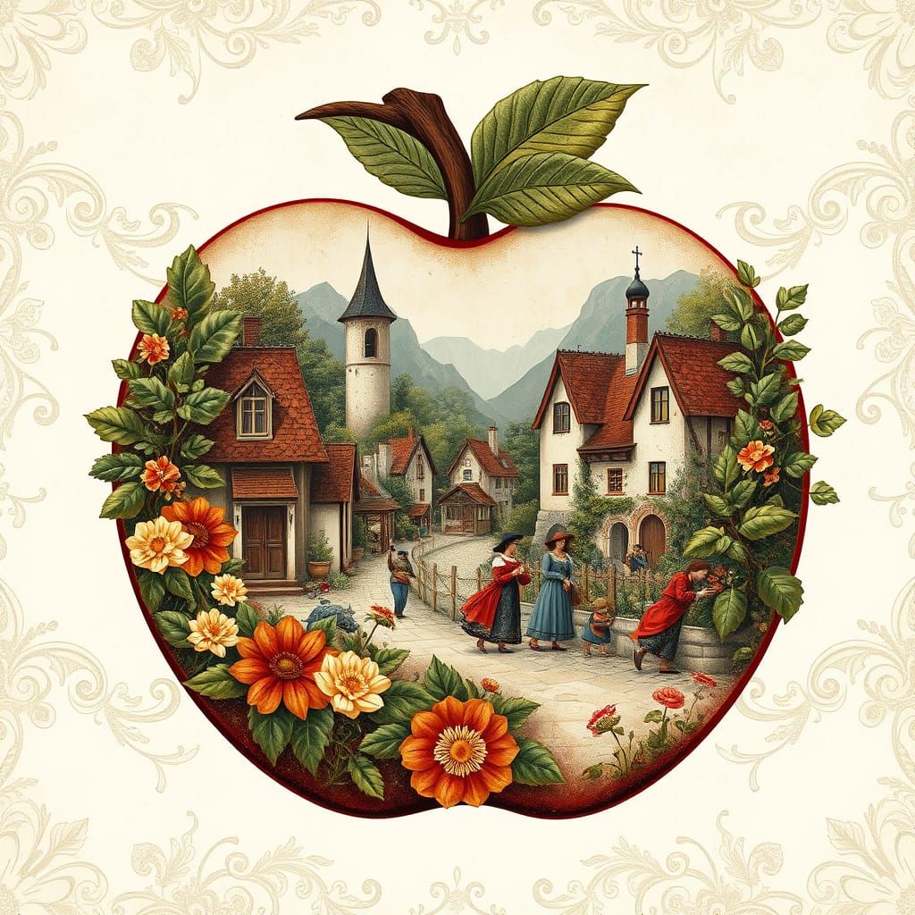 Healthy village life in an pple-shaped frame. Creamy and vintage gray texture with floral patterns. DaVinci2.